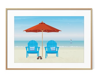 Adirondack Beach Chair, Ocean Scene, Sandy Beach Horizon, Coastal Wall Art, Seaside Art, Beachy Decor, Market Umbrella, Nautical Wall Art