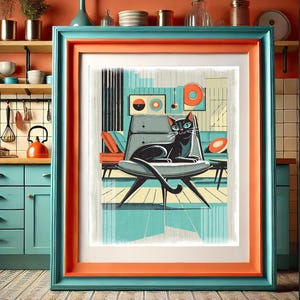 Gato mediados de siglo moderno, MCM, regalo amante del gato, arte de pared de impresión digital, arte abstracto retro, arte digital de la década de 1960, gato abstracto, cartel de gato atómico