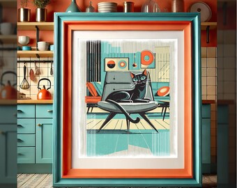 Cat Mid Century Modern, MCM, Cat Lover Gift, Digital Print Wall Art, Retro Abstract Art, 1960s Digital Art, Abstract Cat, Atomic Cat Poster