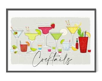 Retro Cocktail Digital Print, Mid Century Modern Cute, Colorful Kitchen Wall Art, Bar Wall Art, Digital Download, Martini Gift