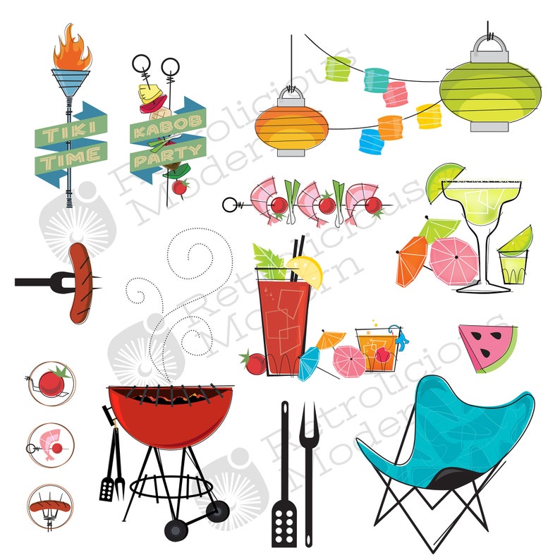 Retro BBQ Barbecue Party Digital Clipart With Tiki Torch, Party ...