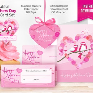Mothers Day Card Gift Set Cute Birds and Hearts, Gift Tags, Cake Topper, Cupcake Topper, Gift Voucher, Gift Card Holder, 5x7 Frameable Print