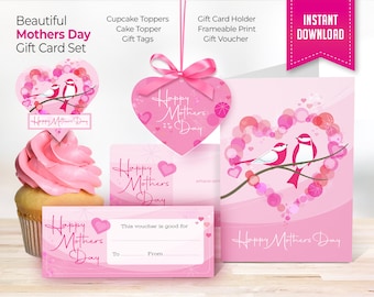 Mothers Day Card Gift Set Cute Birds and Hearts, Gift Tags, Cake Topper, Cupcake Topper, Gift Voucher, Gift Card Holder, 5x7 Frameable Print