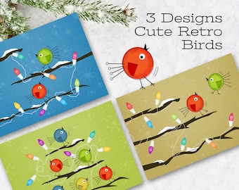 Retro Birds Christmas Card Trio, Mid-Century Holiday, Retro Xmas Cards, 50s Christmas, Holiday Card, Invitation, Christmas Party, Printable