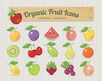 Stylized Fruit Clipart, Cute Clipart Icons of Strawberry, Apple, Cherries, Watermelon, Food Clipart, PNGs, Fruit Basket, Kawaii Fruit Crate