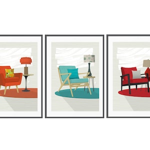 Mid Century Modern Chair Art, 3 Colorful Retro Digital Art Prints, Printable Wall Art, Atomic Age Art, Retro Chair, Vintage Z Chair