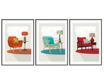 Mid Century Modern Chair Art, 3 Colorful Retro Digital Art Prints, Printable Wall Art, Atomic Age Art, Retro Chair, Vintage Z Chair