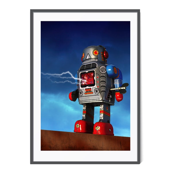 Vintage Toy Robot Art, Robot Tin Toy Poster, Arredamento retrò, Robot Wall Art, Robot Nursery Art, Kids Wall Art, Fantascienza anni '50, Robot giocattolo vintage