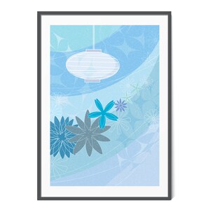 Arte de pared floral retro abstracto, linterna de papel, margarita azul linda, cartel digital de flores, decoración de pared de dormitorio, impresión de vivero azul, resumen de los años 60