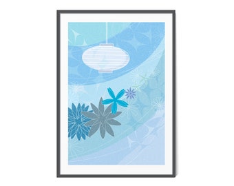 Abstract Retro Floral Wall Art, Paper Lantern, Cute Blue Daisy, Flower Digital Poster, Bedroom Wall Decor, Blue Nursery Print, 60s Abstract