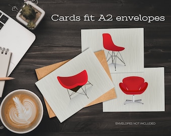 Mid-Century Modern Chairs, Set of 6 Blank Note Cards, Retro Chairs 5.5x4”, Digital, Printable, MCM Iconic Chairs, Frameable Artwork, Eames