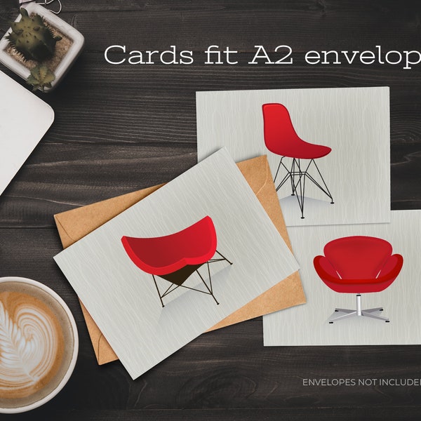 Mid-Century Modern Chairs, Set of 6 Blank Note Cards, Retro Chairs 5.5x4”, Digital, Printable, MCM Iconic Chairs, Frameable Artwork, Eames