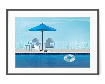 Adirondack Chairs, Retro Poolside Decor, Swimming Pool Art, Swimmer Gift, Swimmers Wall Art, Sunbathing, Blue Swimming Pool, Minimalist Pool