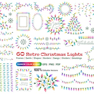 May include: A set of 60 retro Christmas lights in a rainbow color scheme. The lights are arranged in various shapes, including frames, swirls, borders, swags, dividers, and greetings. The set includes the text "Hohoho", "Jingle", "Merry", "Noel", "Falalalala", "Merry Christmas", and "Happy Holidays".