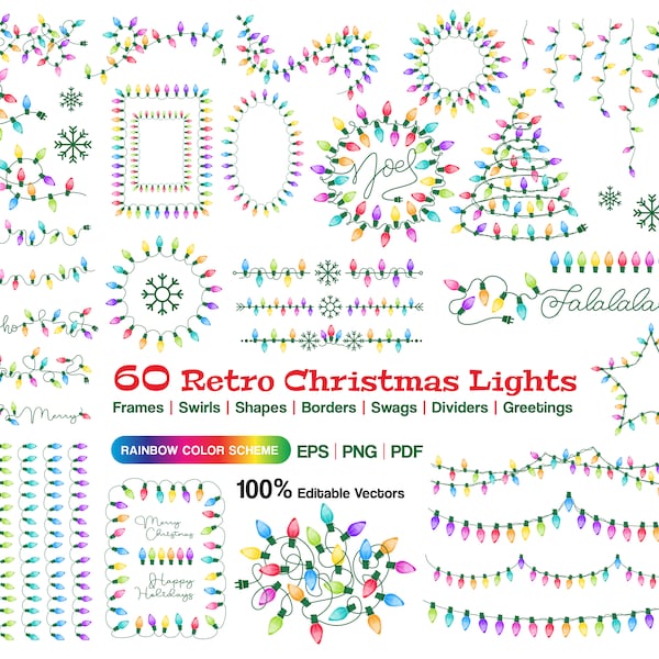 Retro Christmas Lights, Light String Clipart, Christmas Tree Lights, Holiday Light Decor, Rainbow Lights, Gay Pride Lights, Rainbow Art