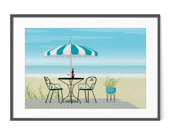 Boho Beach Bistro Wine Digital Print, Beach Scene, Summer Sandy Beach, Colorful Seaside Print, Bistro Wall Art, Beach Horizon, Beachy Decor
