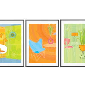 Abstract Mid Century Mod Chair Trio, Colorful Retro Digital Prints, Starburst Clock, Iconic Chairs, Mid Century Modern Clock