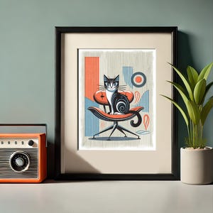 Gato mediados de siglo moderno, MCM, regalo amante del gato, arte de pared de impresión digital, arte abstracto retro, arte digital de la década de 1960, gato abstracto, cartel de gato atómico