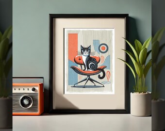 Cat Mid Century Modern, MCM, Cat Lover Gift, Digital Print Wall Art, Retro Abstract Art, 1960s Digital Art, Abstract Cat, Atomic Cat Poster