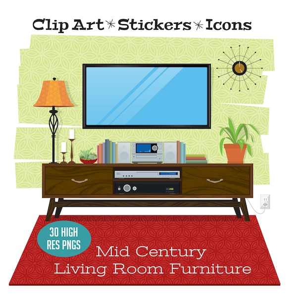 Mid Century Furniture, Retro 1950s-60s Dining Room Scene, Retro Clip Art, Digital Instant Download, PNG, Vector PDF, Home Scene Creator