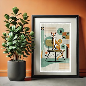 Gato mediados de siglo moderno, MCM, regalo amante del gato, arte de pared de impresión digital, arte abstracto retro, arte digital de la década de 1960, gato abstracto, cartel de gato atómico