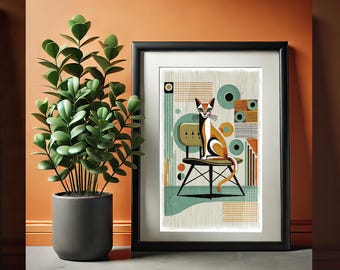 Cat Mid Century Modern, MCM, Cat Lover Gift, Digital Print Wall Art, Retro Abstract Art, 1960s Digital Art, Abstract Cat, Atomic Cat Poster