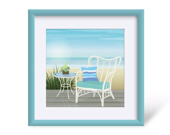 Boho Rattan Chair Beach, Ocean Sunset Scene, Sandy Beach Horizon, Coastal Wall Art, Vintage Seaside Art, Beach Wall Decor, Square Wall Art