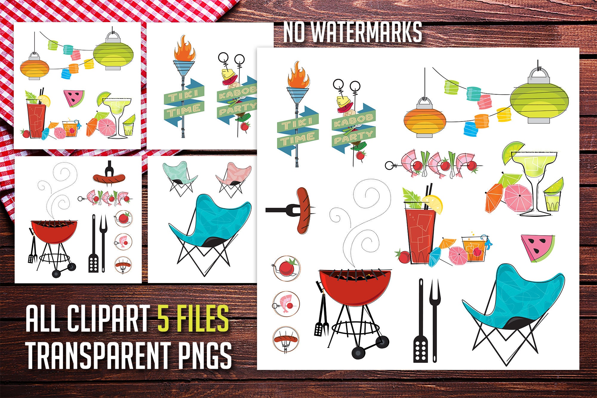 Retro BBQ Barbecue Party Digital Clipart With Tiki Torch, Party ...