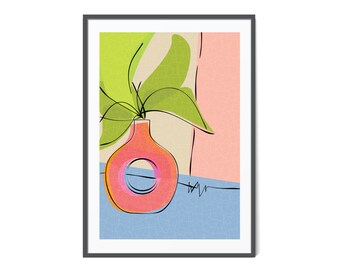 Boho Plant Vase Digital Print, Mid-century Mod Retro Plant Art, Abstract Art Print Decor, Botanical Wall Print, Dorm Room Wall Art