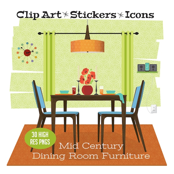 Mid Century Furniture Clip Art, Retro 1950s and 1960s Dining Room Scene, Retro Clip Art, Digital Instant Download, PNG, Vector PDF