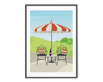 Boho Patio Umbrella Digital Print, Garden Patio Scene, Summer Garden Art, Colorful Garden Print, Garden Bistro Wall Art, Garden Digital Art