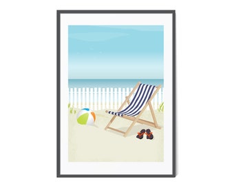 Boho Retro Sling Beach Chair, Ocean Sunset Scene, Sandy Beach Horizon, Coastal Wall Art, Seaside Art, Beach Wall Decor, Digital Beach Art