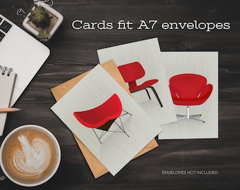 Mid-Century Modern Chairs, Set of 6 Blank Greeting Cards, Retro Chairs 5x7, Digital, Printable, MCM Iconic Chairs, Frameable Artwork, Eames