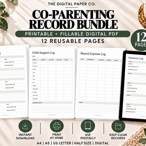 May include: A co-parenting record bundle featuring 12 printable and fillable digital PDF pages. The set includes a visitation log, child support log, and shared expense log. The text includes The Digital Paper Co., Co-Parenting Record Bundle, 12 Reusable Pages, Visitation Log, Child Support Log, Shared Expense Log, Instant Download, Print At Home, Use Digitally, Keep Clear Records, A4, A5, US Letter, Half Size, Digital.