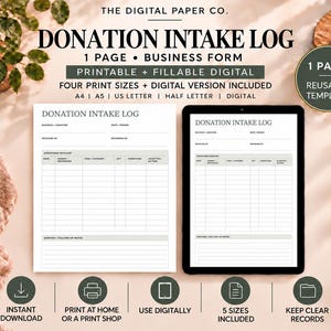 Op de afbeelding: Een sjabloon voor een donatie-inname logboek als gedrukt document en op een digitaal tabletscherm. Het formulier bevat velden voor bedrijfslocatie, datum, periode, ontvangen door, beoordeeld door en een tabel voor het bijhouden van donaties.