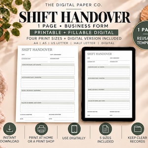 Shift Handover Form Printable, Staff Shift Communication Record, Business PDF, 5 Formats