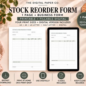 May include: A printable and fillable digital stock reorder form template. The document features a table with columns for item, description, SKU, quantity, unit cost, and amount. It is available in A4, A5, US Letter, and half letter sizes for business use.