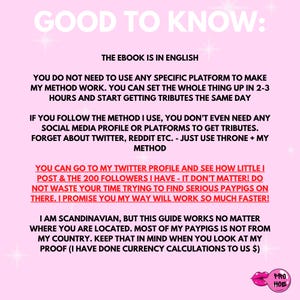 May include: A pink graphic with the text "GOOD TO KNOW:" and information about an ebook. The text states the ebook is in English and details how to use the method. The bottom right corner features a logo with lips and the words "PRO HOE."