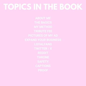 May include: A light pink background with white text that reads "TOPICS IN THE BOOK." Below, a list includes topics like "ABOUT ME," "THE BASICS," "MY METHOD," and "CAPTIONS." The text is in a sans-serif font.