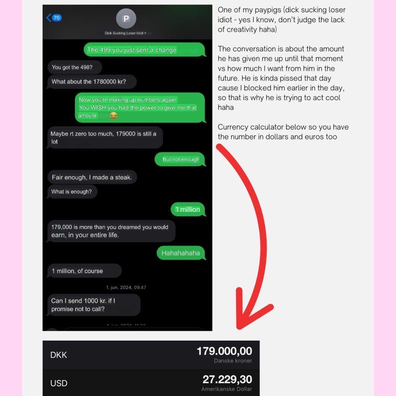May include: A screenshot of a text message conversation with green chat bubbles on a black background. The conversation includes financial transactions and a currency conversion to USD. The image also includes the text "179,000.00 Danske kroner" and "27,229.30 Amerikanske Dollar."