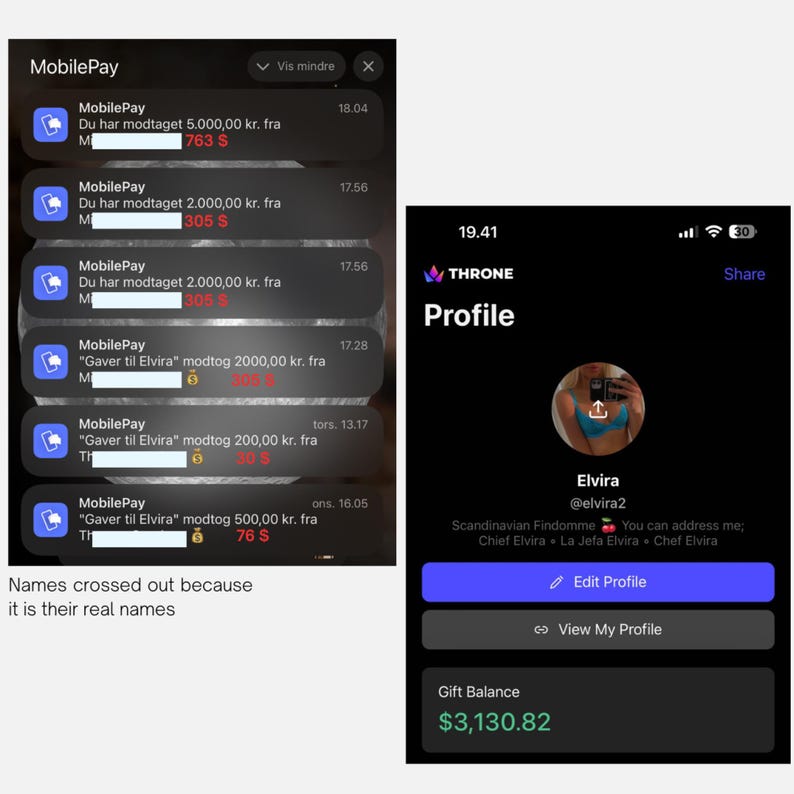 May include: Two smartphone screenshots. The first shows a MobilePay transaction history with amounts in Danish Krone and US dollars. The second displays a profile page from the Throne app, with a profile picture and a gift balance of $3,130.82.