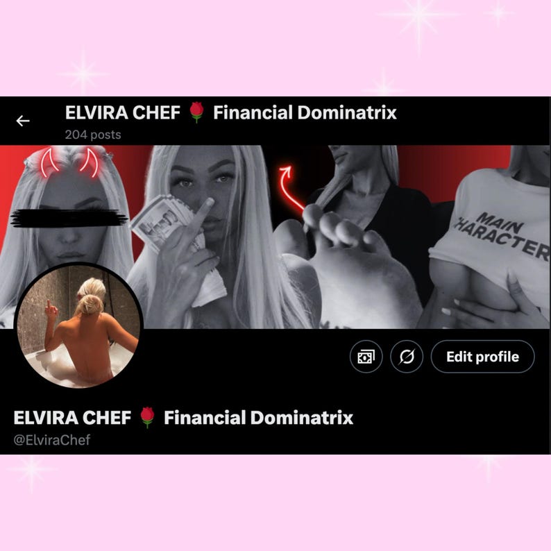 May include: Profile image with the text "ELVIRA CHEF Financial Dominatrix" and "204 posts." The image features a collage of black and white photos of a woman, including one with the text "MAIN HARACTER."