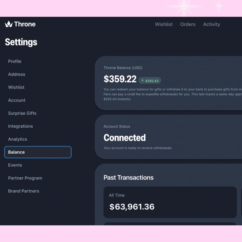 May include: A dark-themed user interface for a platform called "Throne." The interface displays settings, including profile, address, wishlist, account, and balance. The balance is $359.22, with a connected account status and past transactions totaling $63,961.36.