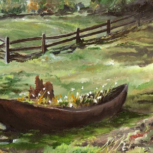 Repurposed, painting by Katie Kruzic, flowers, yard, boat