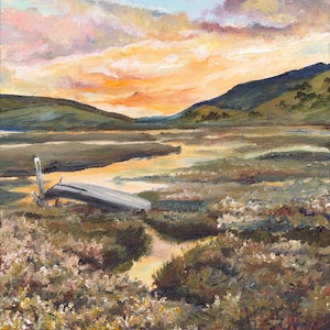 Firewater, sunset on the slough, landscape painting by Katie Kruzic