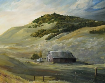 As Morning Clears, painting by Katie Kruzic, barn, landscape