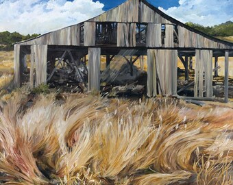 Old Bones, painting by Katie Kruzic, barn, landscape