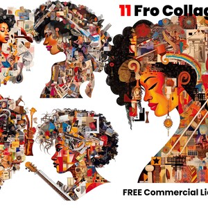 Afro Collage, African American Pop Art, Graphic designs, melanin print, afro png clipart, digital download, sublimation, colorful watercolor