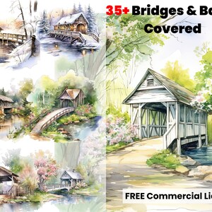 Bridges and Barns Covered, Watercolor clipart, Bridge, River, digital art, png, sublimation, sublimation designs downloads, graphic design