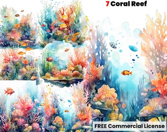 Coral Watercolor clipart, Fishing Clipart, Coral Reef print, Ocean png, Watercolor Illustration, graphic design, digital download, art print